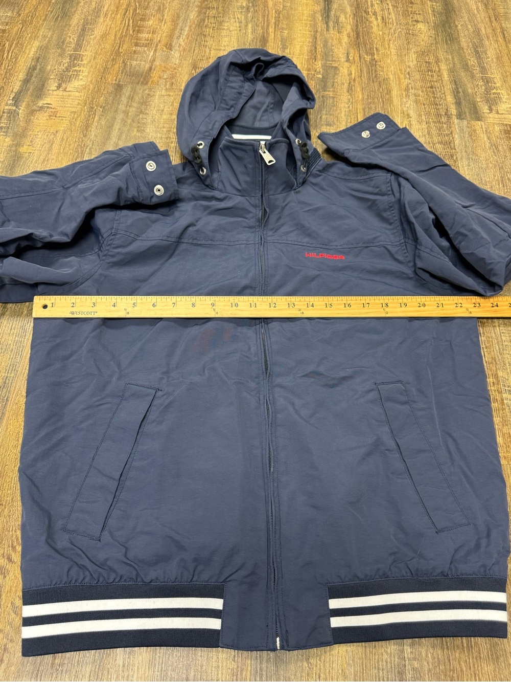 Tommy Hilfiger Men’s Vtg Navy Hooded Regatta Yacht Jacket with Stripe Trim M - Picture 10 of 16